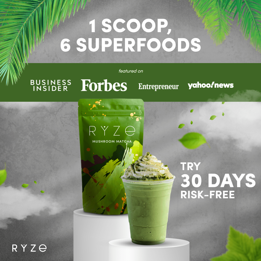 RYZE Mushroom Matcha - with 6 Organic Adaptogenic Mushrooms Grown In USA and Ceremonial-Grade Japanese Matcha - WQ4B